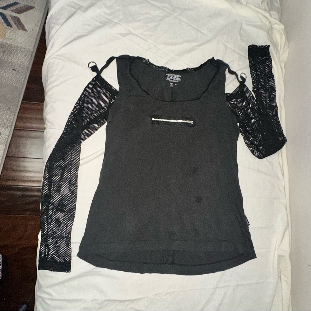 Tripp NYC Black Top with Mesh Sleeves & Front Zipper Design - Picture 3 of 16